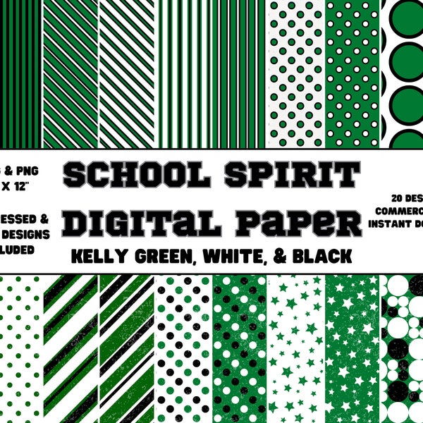 Digital Paper • School Spirit • Kelly Green, White, & Black • Plain and Distressed Designs • Scrapbook Paper