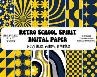 Digital Paper • Retro School Spirit • Navy Blue, Yellow, & White • Scrapbook Paper