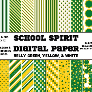 Digitales Papier • School Spirit • Kelly Grün, Gelb & Weiß • Einfache und beunruhigte Designs • Scrapbook Papier
