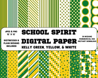 Digital Paper • School Spirit • Kelly Green, Yellow, & White • Plain and Distressed Designs • Scrapbook Paper