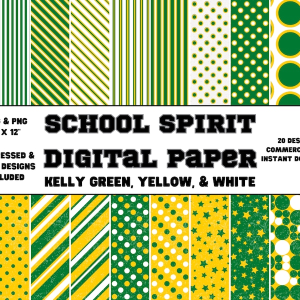 Digital Paper • School Spirit • Kelly Green, Yellow, & White • Plain and Distressed Designs • Scrapbook Paper