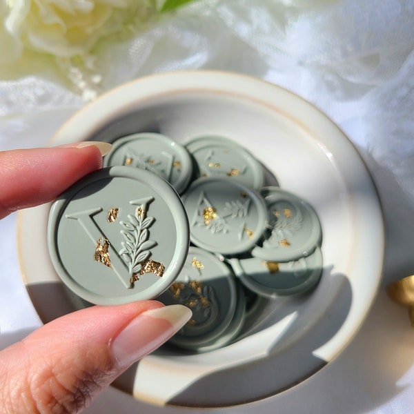 Single Initial Monogram Wax Seals with Gold Foil flakes, wedding Invitations, Custom Letter seal, Sage Green wax seal stickers, Gold accents