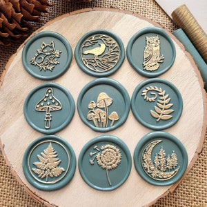 Sceaux de cire de la forêt enchantée, coffret cadeau varié, autocollants autoadhésifs, hibou, renard, champignon, feuille de fougère, forêt mystique, bois, sceaux de cire nature
