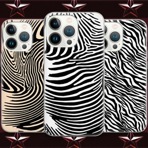 May include: Three iPhone cases with a zebra print design. The cases are black and white with a different zebra pattern on each case.