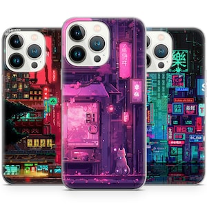 Cyberpunk Tokyo Japan Aesthetics Pixel phone case for iPhone 14 13 Pro Max 12 11 X XS 8, fits Samsung S20 FE, S21 Ultra, A12, Huawei P30 Pro