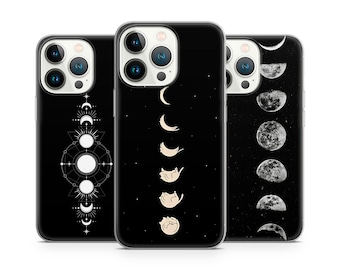 Custodia per telefono con fasi lunari, stelle, astrologia e spazio, per iPhone 15, 14, 13 Pro Max, 12, 11 X, XS, 8, compatibile con Samsung S24 FE, S21 Ultra, A12, Pixel 8 Pro.