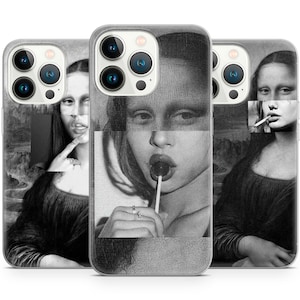 May include: Three clear phone cases with a black and white image of the Mona Lisa. The Mona Lisa is depicted in three different ways: with a finger to her lips, with a lollipop in her mouth, and smoking a cigarette.