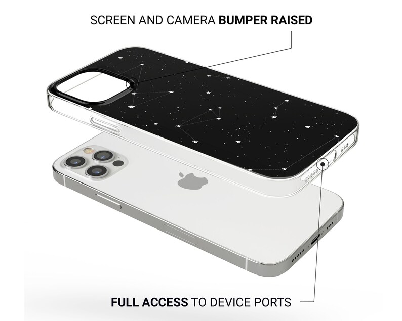 Pu&ograve; includere: Una custodia per telefono nera con un designo a costellazione e glitter bianco. La custodia ha un paraurti rialzato attorno allo schermo e alla fotocamera per proteggere il telefono dalle cadute. "SCREEN AND CAMERA BUMPER RAISED" e "FULL ACCESS TO DEVICE PORTS" sono scritti sull'immagine.