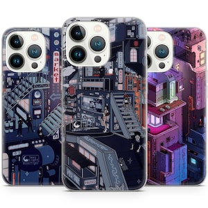 Cyberpunk Japan Neon Aesthetics Pixel phone case for iPhone 14 13 Pro Max 12 11 X XS 8, fits Samsung S20 FE, S21 Ultra, A12, Huawei P30 Pro