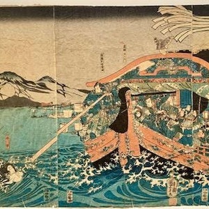 Original Antique Japanese Triptych Woodblock by UTAGAWA KUNIYOSHI from 1846 Titled Returning Sails Mitate Hakkei