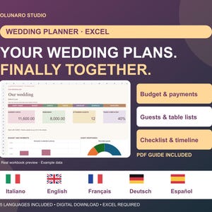 Wedding Planner Excel Spreadsheet, Budget, Guest List and Seating, 5 Languages with PDF Guide