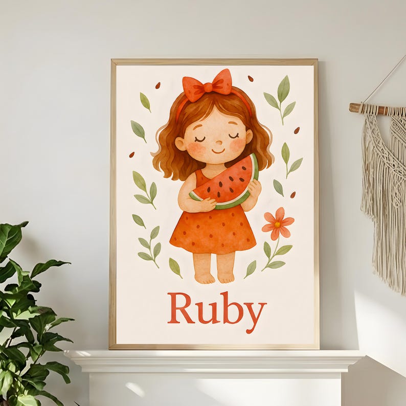 Pode incluir: Ilustra&ccedil;&atilde;o em aquarela de uma menina segurando uma fatia de melancia, vestindo um vestido laranja e um la&ccedil;o vermelho. O nome "Ruby" est&aacute; escrito em vermelho. A obra est&aacute; emoldurada e rodeada por folhas verdes e uma flor.