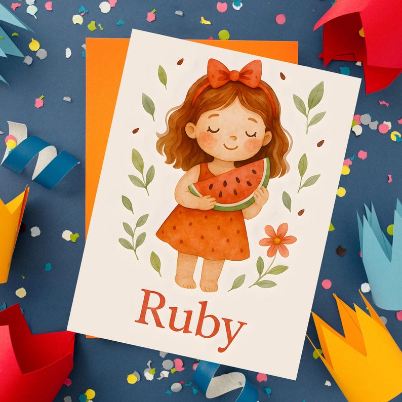 Pode incluir: Ilustra&ccedil;&atilde;o em aquarela de uma menina segurando uma fatia de melancia, usando um vestido e la&ccedil;o laranja. O nome "Ruby" est&aacute; escrito em laranja abaixo. O cart&atilde;o est&aacute; em um fundo laranja com confetes.