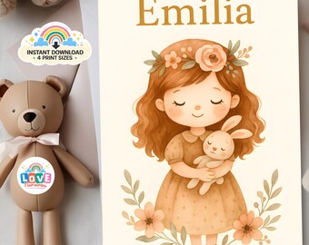 Arte personalizada para quarto de bebê com coelhinho e nome da Emilia, decoração floral boho com o nome dela (download digital)