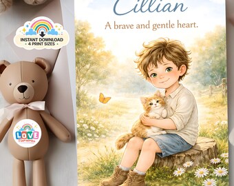 Arte de parede personalizada para imprimir com o nome Cillian, impressão personalizada para quarto infantil, decoração delicada para berçário, livro de histórias