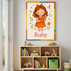 Pode incluir: Uma impress&atilde;o emoldurada com uma ilustra&ccedil;&atilde;o em aquarela de uma menina segurando uma fatia de melancia. A menina tem cabelo ruivo, um vestido laranja e um la&ccedil;o vermelho. A impress&atilde;o &eacute; rotulada "Ruby" em vermelho e tem uma borda colorida.