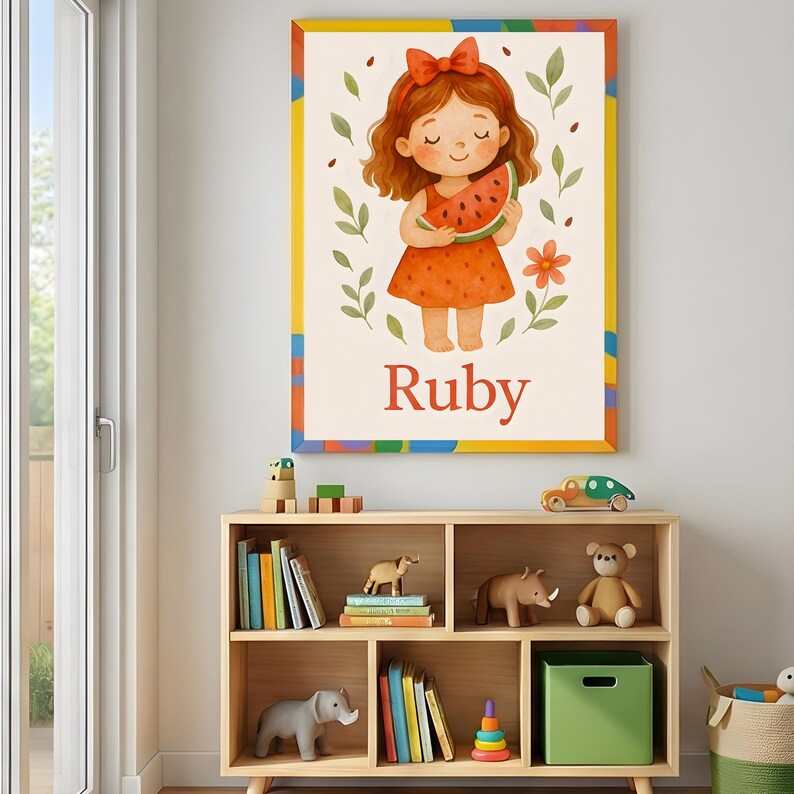 Pode incluir: Uma impress&atilde;o emoldurada com uma ilustra&ccedil;&atilde;o em aquarela de uma menina segurando uma fatia de melancia. A menina tem cabelo ruivo, um vestido laranja e um la&ccedil;o vermelho. A impress&atilde;o &eacute; rotulada "Ruby" em vermelho e tem uma borda colorida.