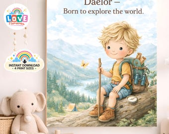 Impressão personalizada com o nome do menino Daelor Explorer, arte em aquarela com tema de montanha para quarto de bebê (download digital)
