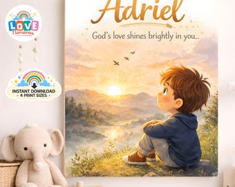Arte personalizada para quarto de bebê cristão com o nome Adriel, impressão do nascer do sol (download digital)