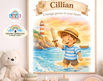 Arte de parede imprimível do menino pirata Cillian, decoração de quarto de bebê com farol, citação sobre coragem.