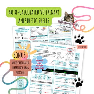 Può includere: Un set di fogli di anestesia veterinaria stampabili per gatti. I fogli includono un foglio di monitoraggio della chirurgia e dell'anestesia, un protocollo di anestesia e un foglio di farmaci di emergenza veterinaria. I fogli sono calcolati automaticamente e includono le linee guida di recupero aggiornate del 2024.