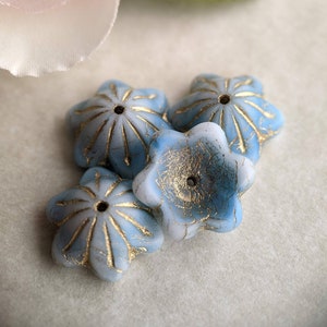 6pcs: Heaven 14x6mm Wide Bellflower, Czech Glass Flower Beads (Matte Gold-Washed Blue/White), CG-FL-WB14x6-21