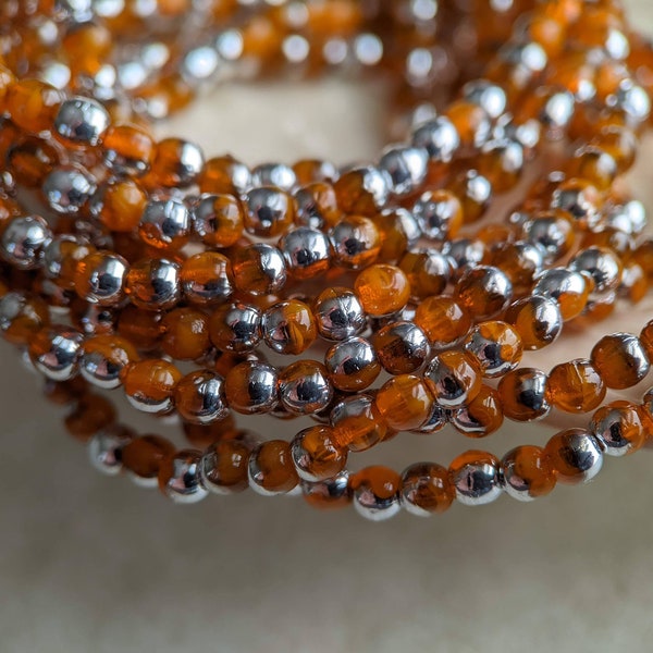 50pcs: Silvered Dried Apricot 3mm Round Druk, Pressed Czech Glass Beads, Orange with Metallic Coating, CG-P-R3-13