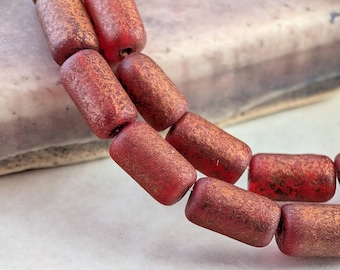 16pcs: Etched Ruby Red with Copper Wash 9x5mm Tube, Czech Glass Beads, CG-SH-TB9x5-4
