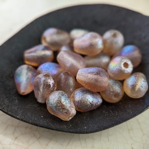 30pcs: Pear Shimmer 8x6mm Smooth Teardrop, Vertically Drilled, Pressed Czech Glass Drop Beads, Clear Light Brown Etched AB, CG-P-TD8x6-1