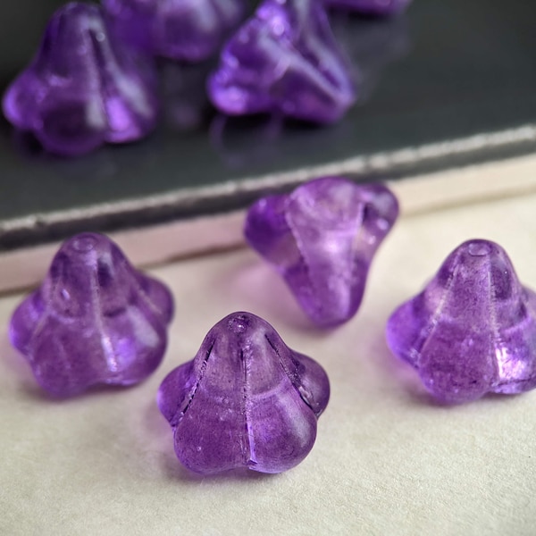 8pcs: Violet Haze 13x11mm Bell Flower, Pressed Czech Flower Glass Beads, Translucent Purple, CG-FL-BF13x11-1