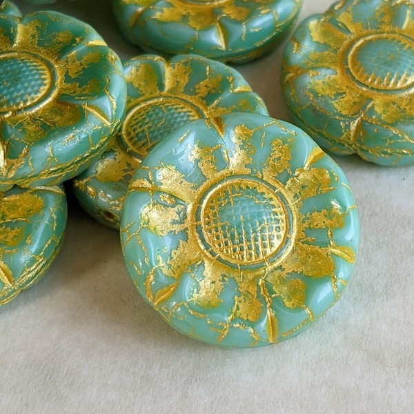 2pcs: Bright Mint Green with Yellow Highlights 22mm Solar Corona Coin Flower, Pressed Czech Glass Flower Beads, CG-FL-SCC22-3