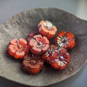 8pcs: Crimson 10mm Table Cut Hawaii Flower, Czech Glass Flower Beads, Hibiscus Flower, Burnt Orange Opaline with Picasso, CG-FL-HFTC10-3