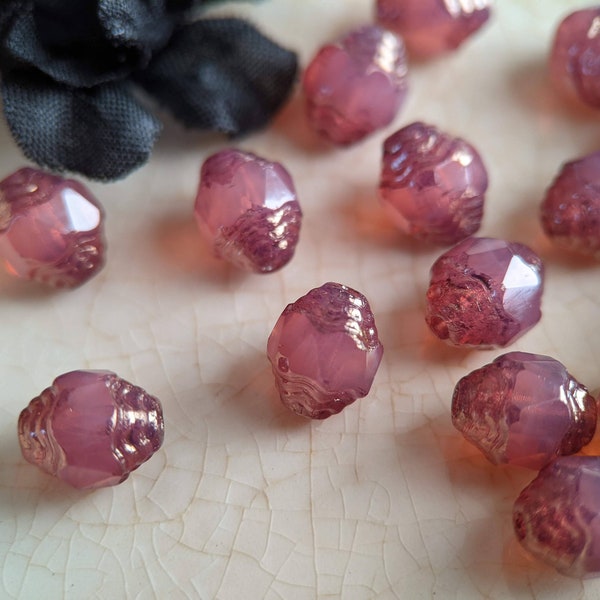 10pcs: Bronzed Pink Opal 8x6mm Turbines, Firepolished Czech Glass Beads, Faceted Pink Propeller Beads, CG-FP-PR8x6-3