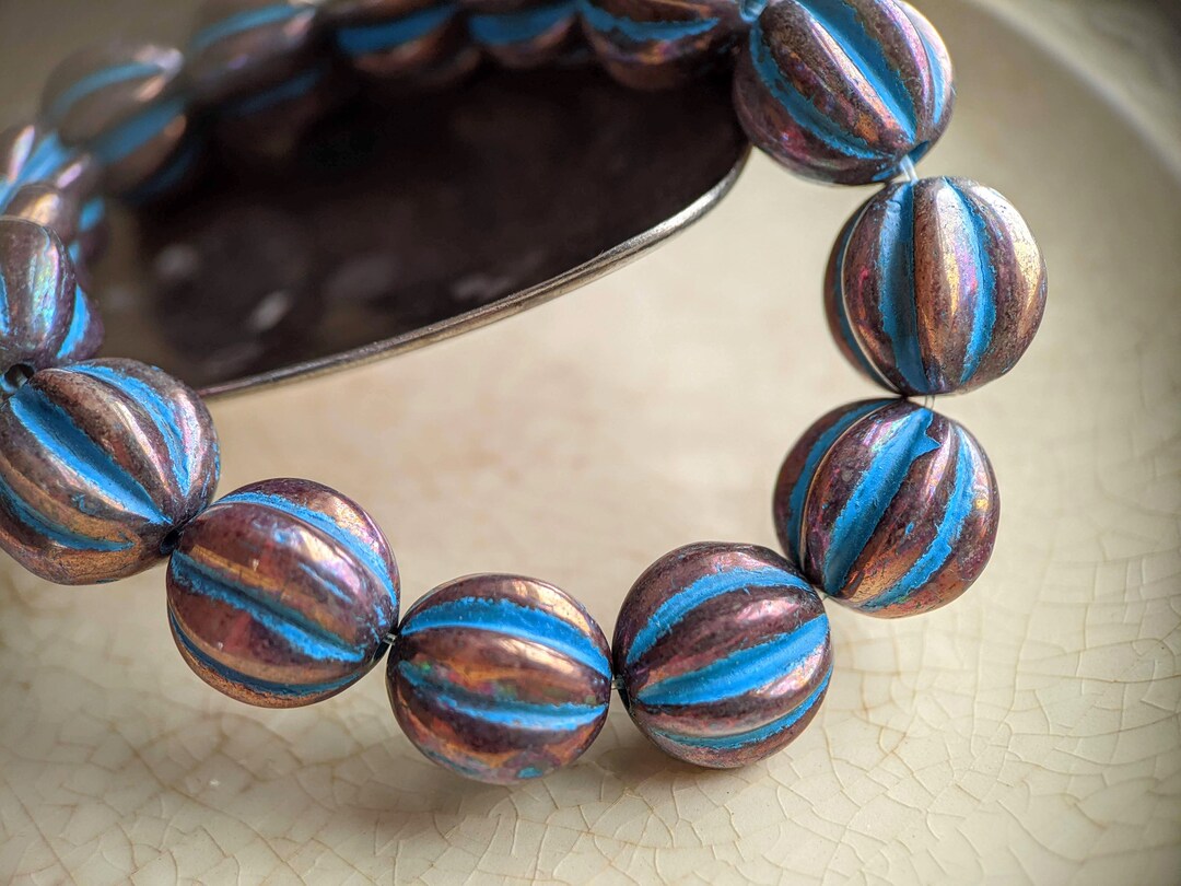 10pcs: Blue Washed Dark Metallic 10mm Melon Round, Czech Glass Beads ...
