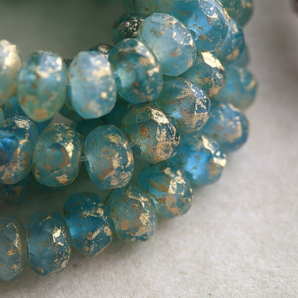 30pcs: Gold-Flecked Aqua 5x3mm Firepolished Rondelle, Faceted Donut, Czech Glass Beads, Swirled Light Blue and Aqua, CG-FP-DO5x3-4
