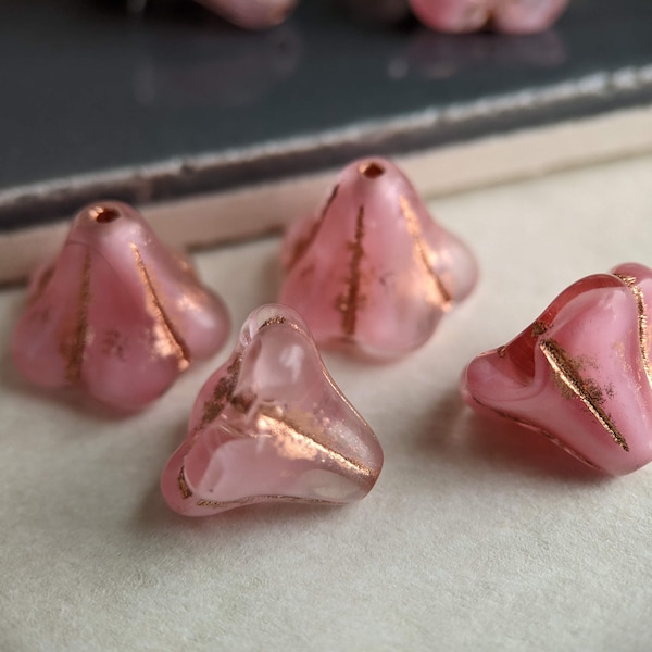 8pcs: Petal Pink with Copper Wash 13x11 Bell Flower, Pressed Czech Flower Glass Beads, Pink and Clear Swirl, CG-FL-BF13x11-2