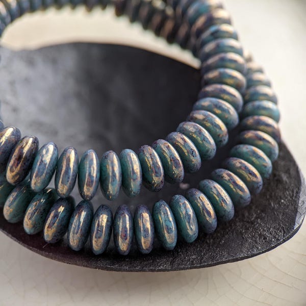 50pcs: Teal with Purple Gold Luster 6mm Smooth Rondelle, Czech Glass Disc Beads, CG-P-DI6-26