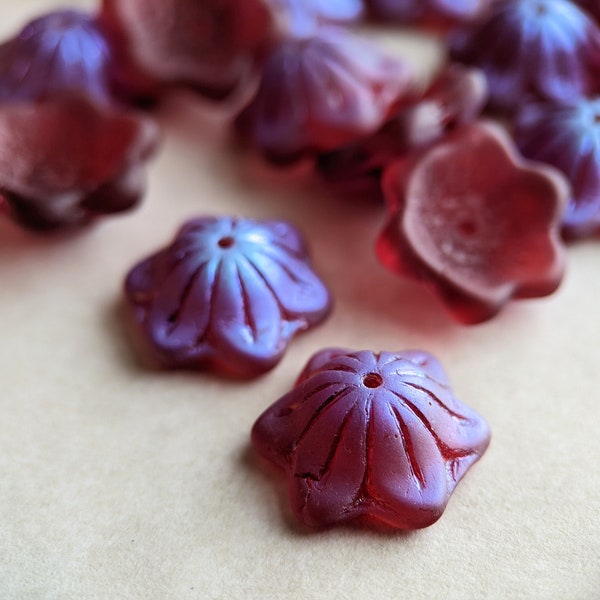 6pcs: Raspberry Rave 14x6mm Wide Bellflower, Wide Bell Flower, Pressed Czech Glass Beads, Translucent Matte Magenta AB, CG-FL-WB14x6-35