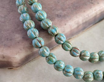 50pcs: Earthy Teal Picasso 4mm Mini Melon, Czech Glass Beads, CG-ML-R4-2