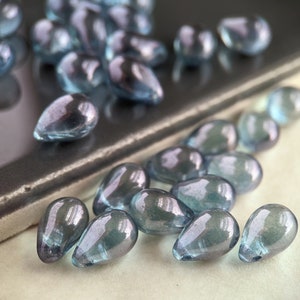 30pcs: Stormy Blue 9x6mm Top-Drilled Teardrop, Czech Glass Drop Beads in Blue Luster, CG-P-TR9x6-8