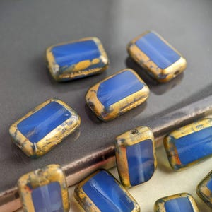 10pcs: Bronzed Cornflower Blue Opal 12x8mm Table Cut Rectangle, Czech Glass Beads, CG-TC-R12x8-2