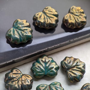 10pcs: Dark Green Luster with Red Wash 13x11mm Maple Leaf, Czech Glass Beads, CG-LF-MP13x11-14