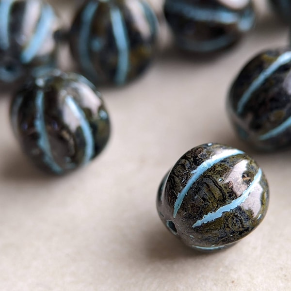 10pcs: Topsoil Brown with Verdigris Highlights 8mm Melon Round, Pressed Czech Glass Beads, Black and Blue, CG-ML-R8-1