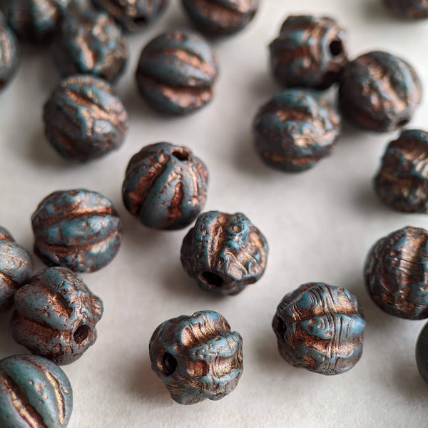 10pcs: Pirate 8mm Distressed Melon Round, Etched Beads, Pressed Czech Glass Beads, Opaque Bronzed Textured Dark Teal, CG-ML-R8-3