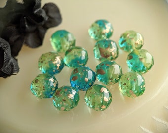 12+pcs: Gold-Flecked Light Green and Teal 8x6mm Firepolished Rondelle, Czech Glass Beads, CG-FP-DO8x6-1