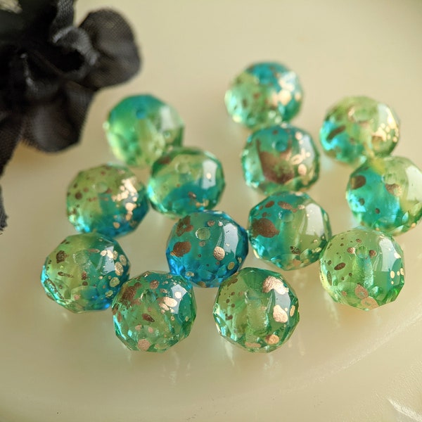 12+pcs: Gold Flecked Light Green and Teal Mix 8x6mm Firepolished Rondelle, Faceted Donut, Czech Glass Beads, Blue Green, CG-FP-DO8x6-1