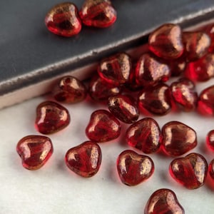 40pcs: Clear Red with Gold Luster 6mm Simple Heart, Czech Glass Beads, CG-H-S6-2