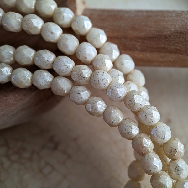 Approx 50pcs: Ivory Mercury 4mm Firepolished Round, Faceted Czech Glass Beads, Opaque Ivory with Silver Dusting, CG-FP-R4-9