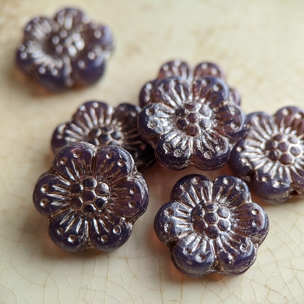 6pcs: Purple Opaline with Platinum Wash 14mm Wild Rose, Pressed Czech Glass Flower Beads, Translucent Purple Flower, CG-FL-WR14-2