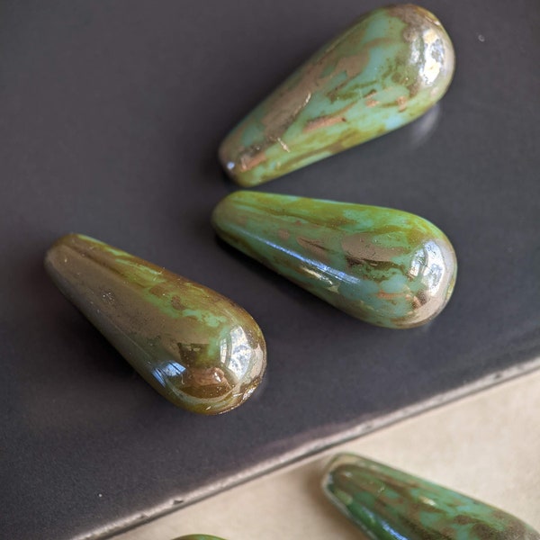 6pcs: Estuary 20x9mm Smooth Teardrop, Vertically Drilled Drop, Pressed Czech Glass Beads, Opaque Teal Green Picasso, CG-P-TD20x9-1